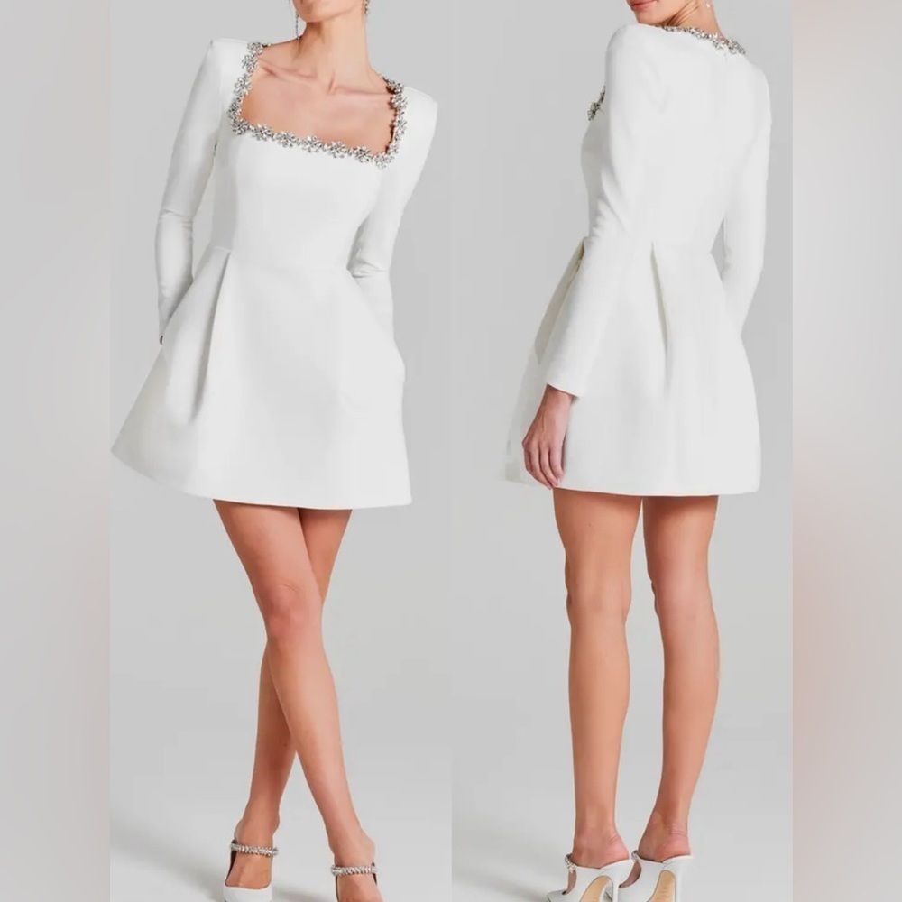 NWOT NADINE MERABI Kimberly Rhinestone Long Sleeve White Minidress Sz 12